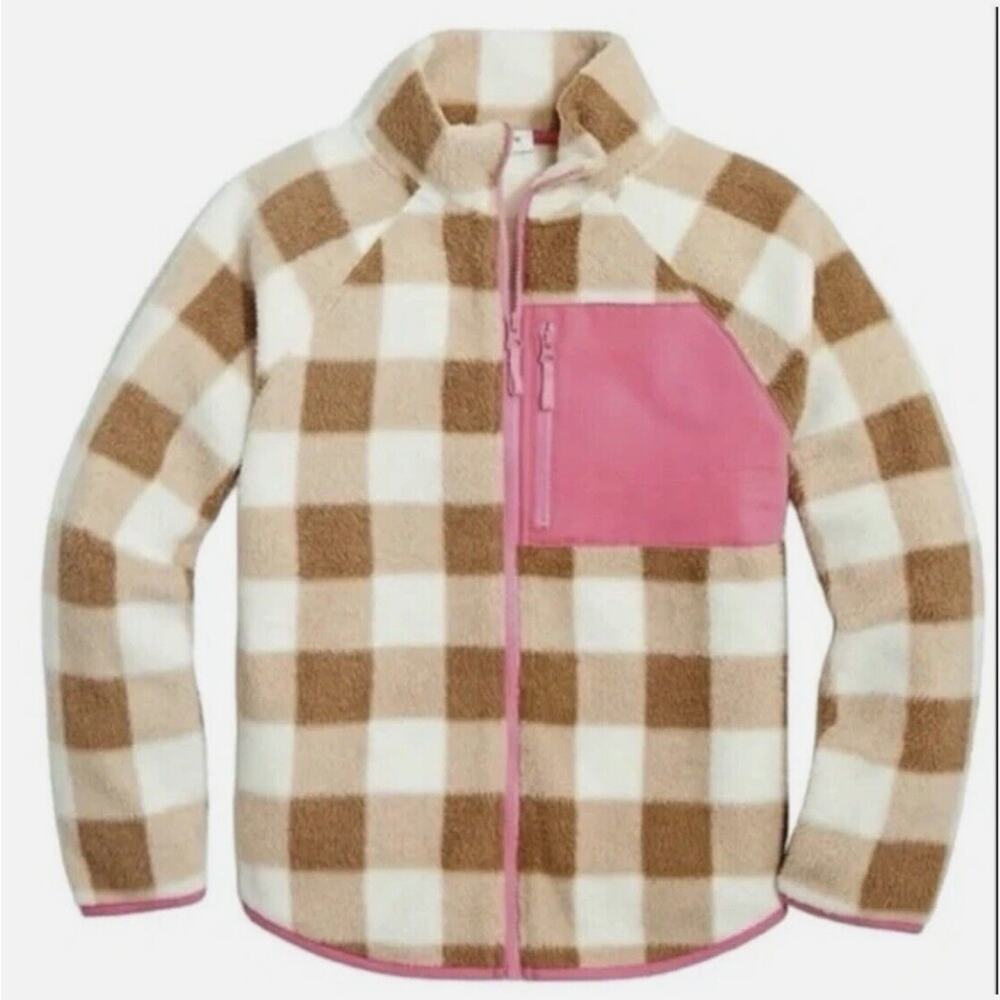 J.Crew Tan & White Check Plaid Fleece Zip Up Jacket Size M - Picture 3 of 13